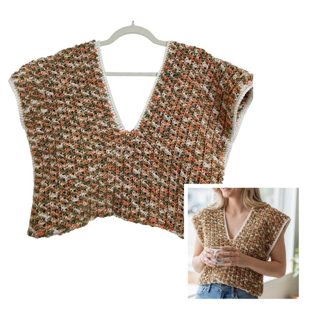 #3019 ‼️1 OF A KIND‼️NEW‼️Crocheted Front/Back V-Neck Cropped Sweater Top